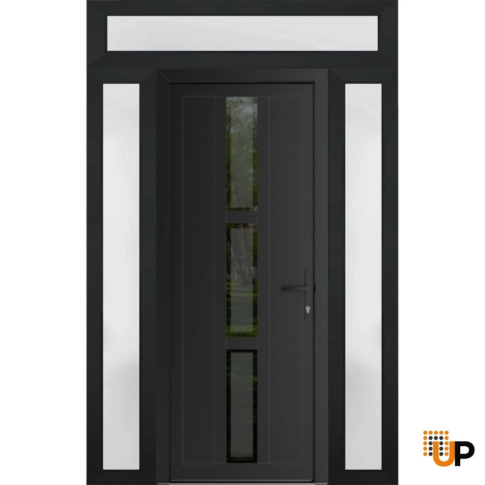 Single swing vinyl modern exterior door with tempered glass | Manux 8112 Black Matte | 60 x 94 (12+36+12 x 80+14) photo#1