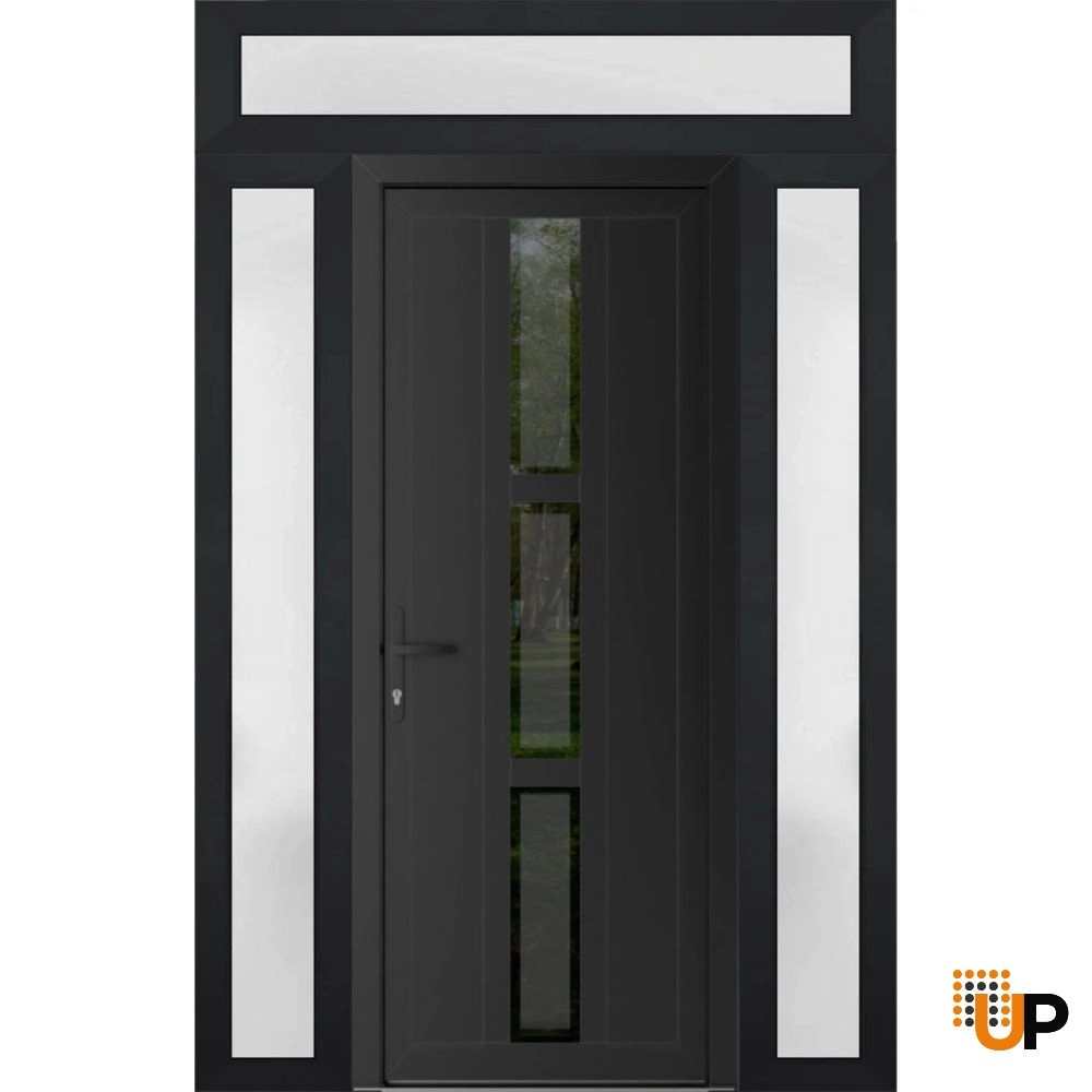Single swing vinyl modern exterior door with clear glass | Manux 8112 Black Matte | 64 x 96 (16+32+16 x 80+16) photo#1