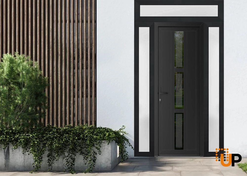 Single swing vinyl modern exterior door with tempered glass | Manux 8112 Black Matte | 64 x 94 (14+36+14 x 80+14) photo#2