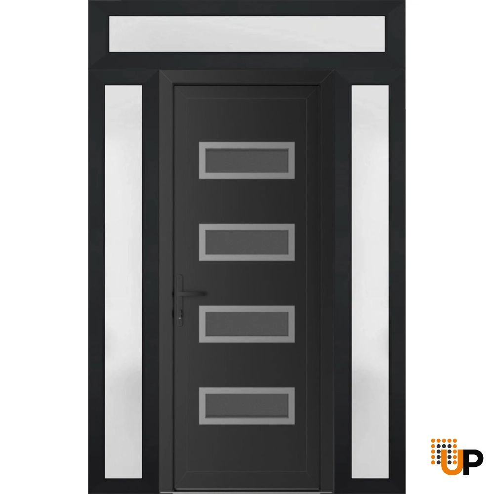 Single swing vinyl modern exterior door with tempered glass | Manux 8113 Black Matte | 60 x 94 (14+32+14 x 80+14) photo#1