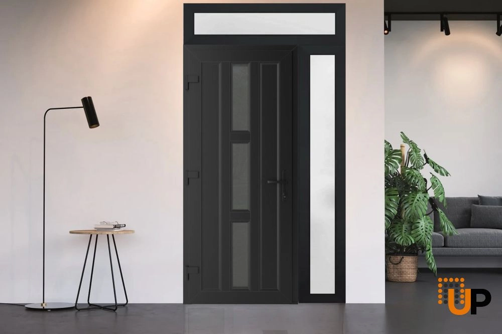 Single swing vinyl modern exterior door with tempered glass | Manux 8112 Black Matte | 48 x 94 (36+12 x 80+14) photo#2