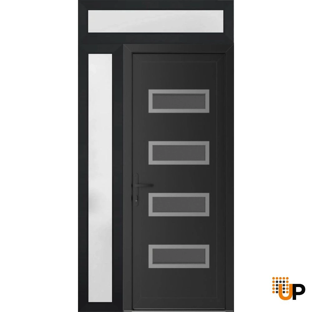 Single swing vinyl modern exterior door with tempered glass | Manux 8113 Black Matte | 44 x 94 (32+12 x 80+14) photo#1