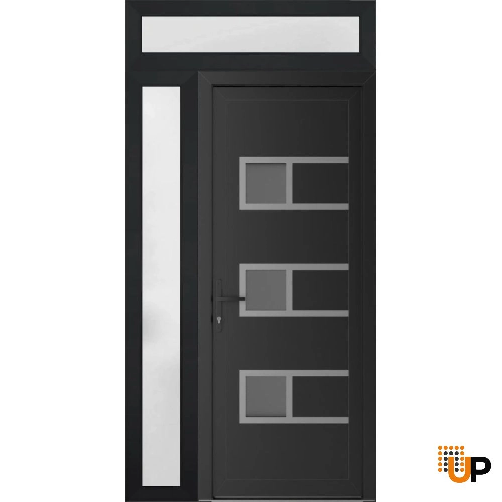 Single swing vinyl modern exterior door with tempered glass | Manux 8933 Black Matte | 48 x 94 (32+16 x 80+14) photo#1
