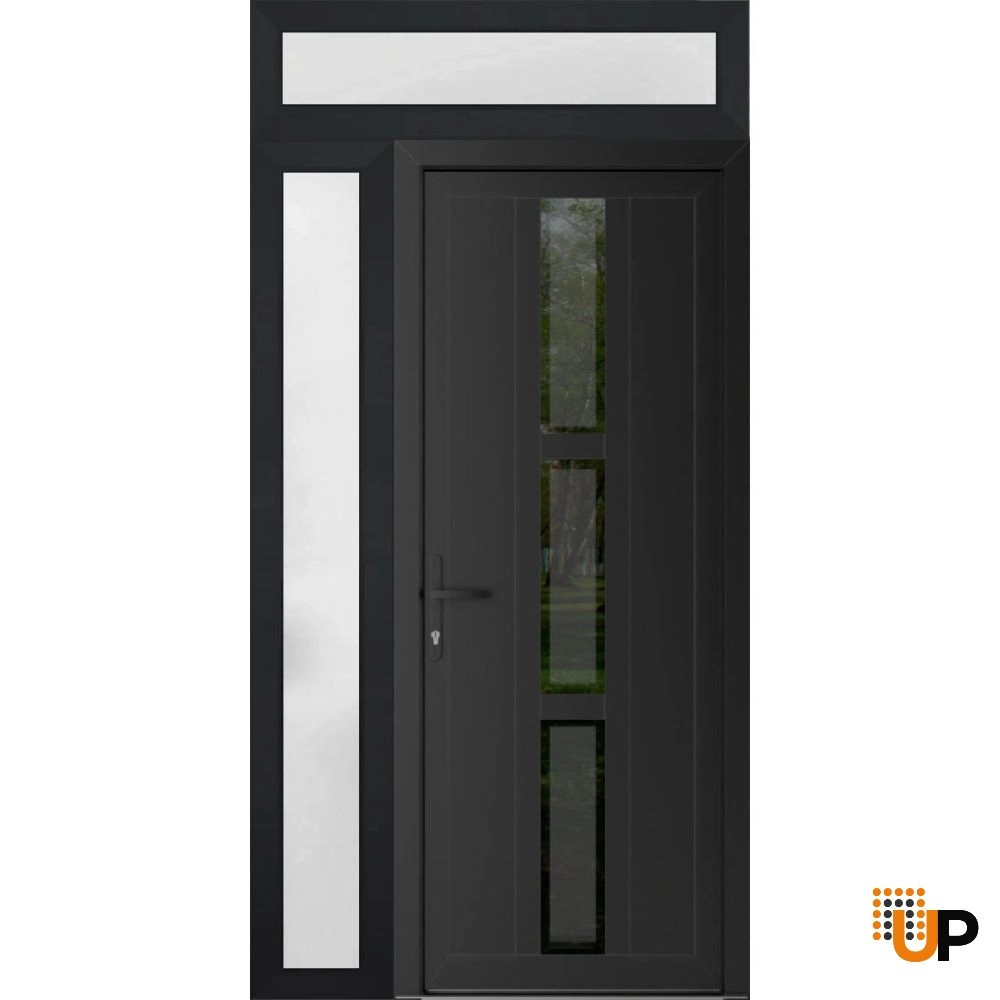 Single swing vinyl modern exterior door with tempered glass | Manux 8112 Black Matte | 48 x 94 (36+12 x 80+14) photo#1