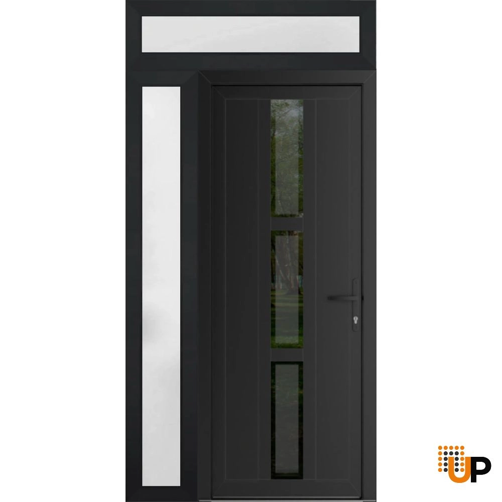 Single swing vinyl modern exterior door with tempered glass | Manux 8112 Black Matte | 50 x 94 (36+14 x 80+14) photo#1