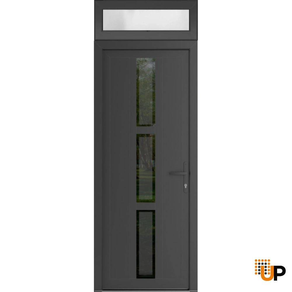 Single swing metal-plastic modern exterior door with tempered | Manux 8112 Antracite | 36 x 94 (36 x 80+14) photo#1