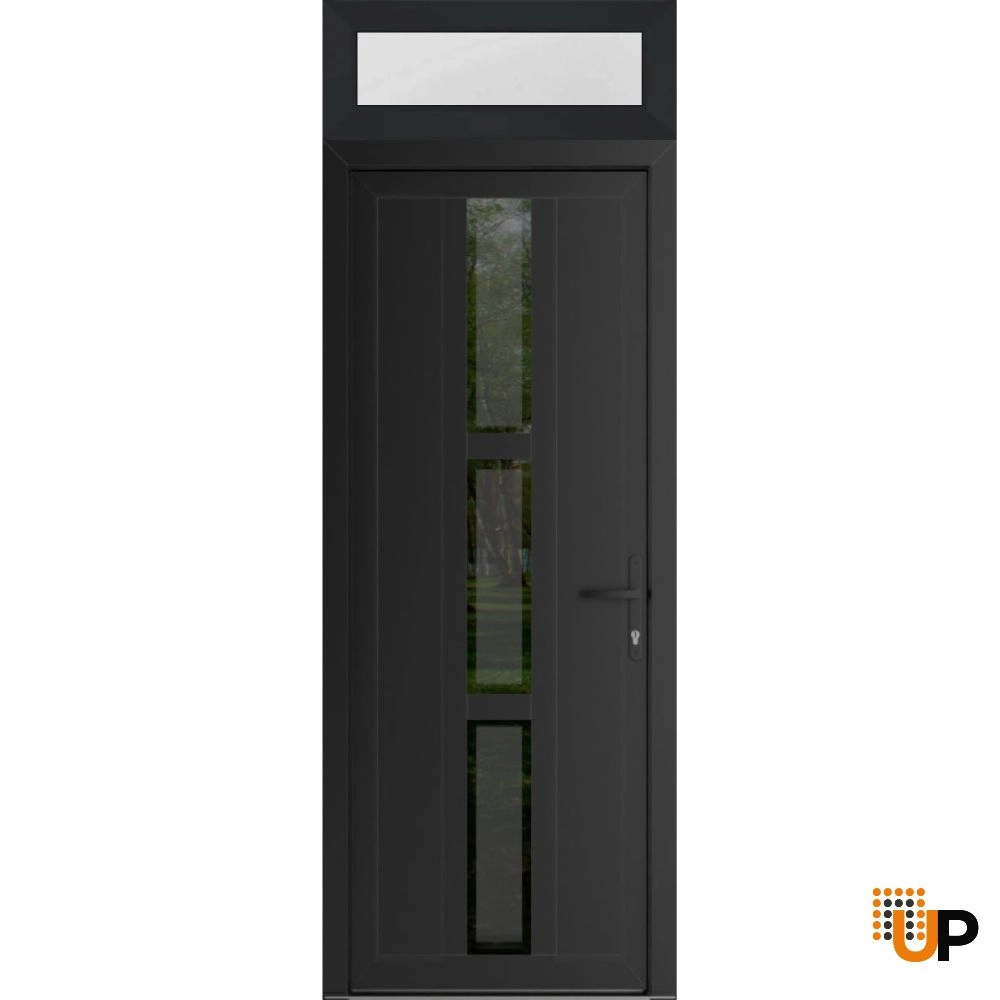 Single swing vinyl modern exterior door with tempered glass | Manux 8112 Black Matte | 36 x 94 (36 x 80+14) photo#1
