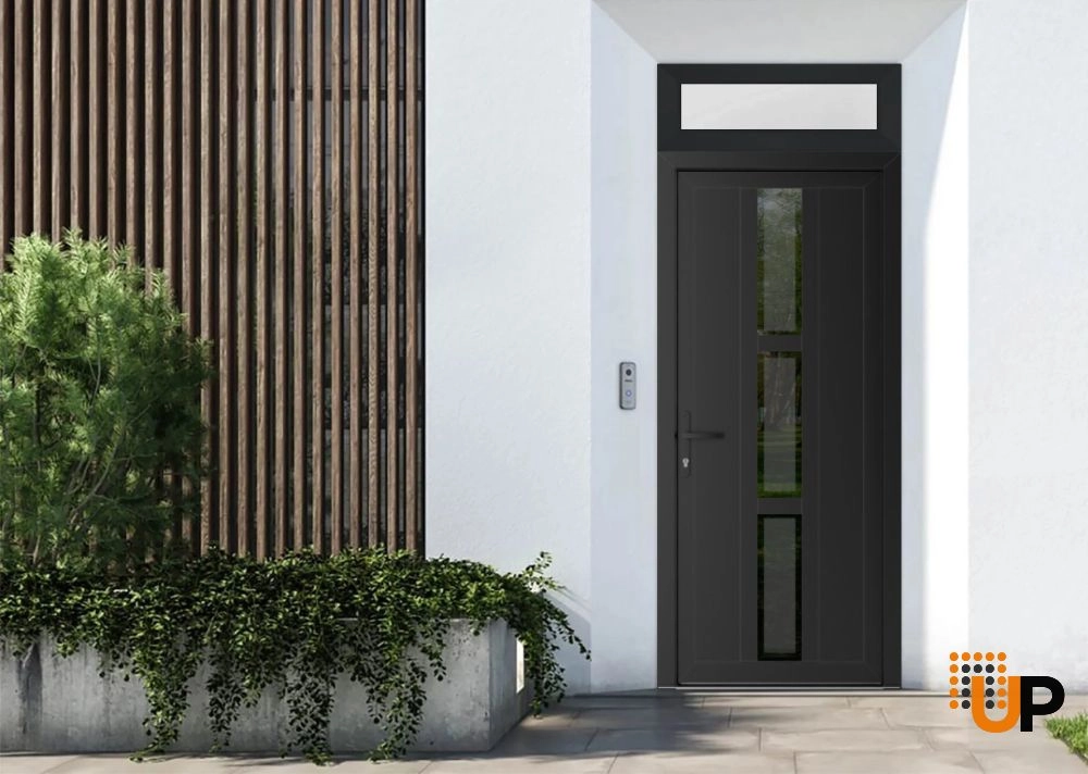 Single swing vinyl modern exterior door with tempered glass | Manux 8112 Black Matte | 36 x 94 (36 x 80+14) photo#2