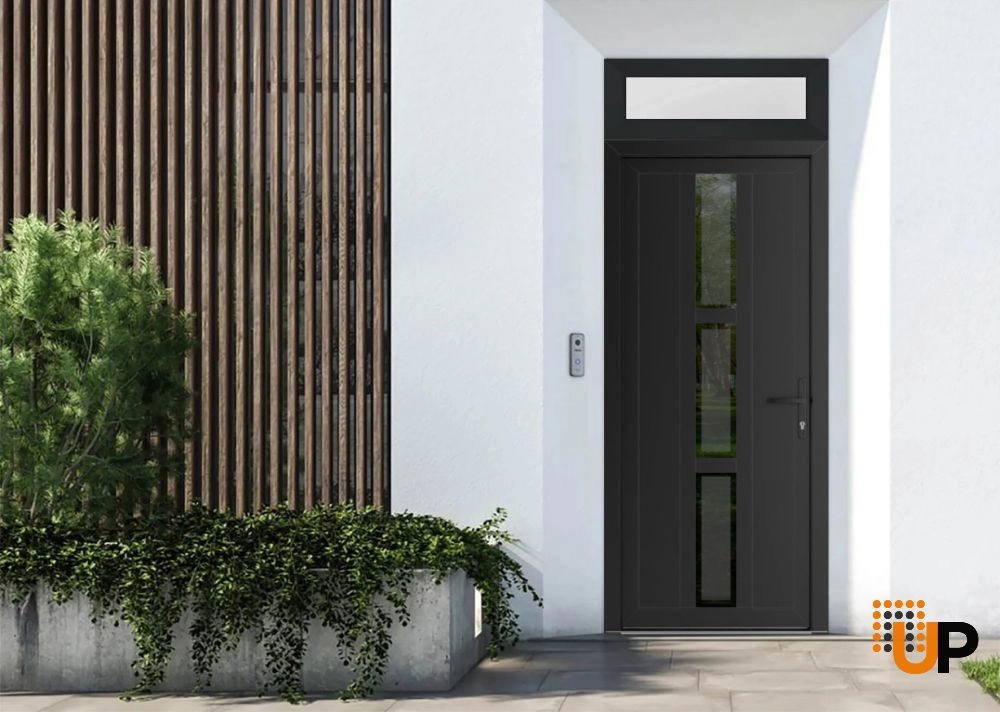 Single swing vinyl modern exterior door with clear glass | Manux 8112 Black Matte | 32 x 94 (32 x 80+14) photo#2