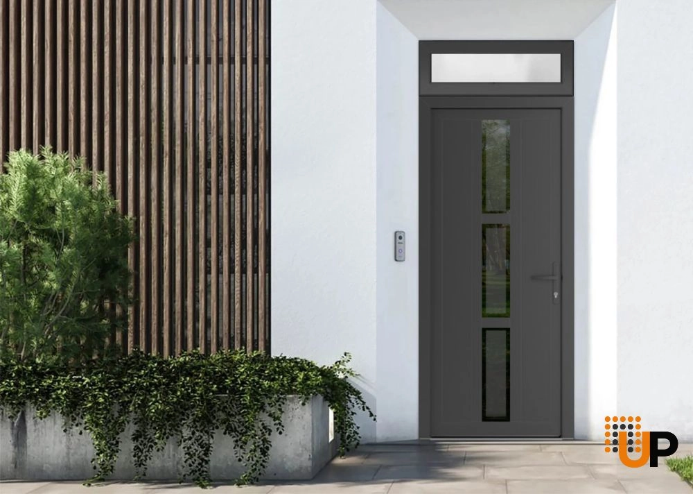 Single swing metal-plastic modern exterior door with tempered | Manux 8112 Antracite | 36 x 94 (36 x 80+14) photo#2