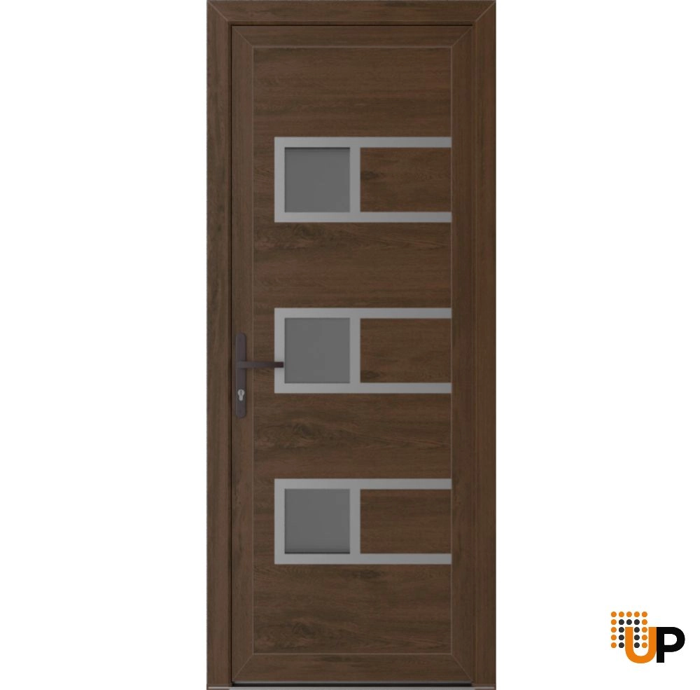 Single swing metal-plastic modern exterior door with tempered | Manux 8933 Walnut | 30 x 80 photo#1