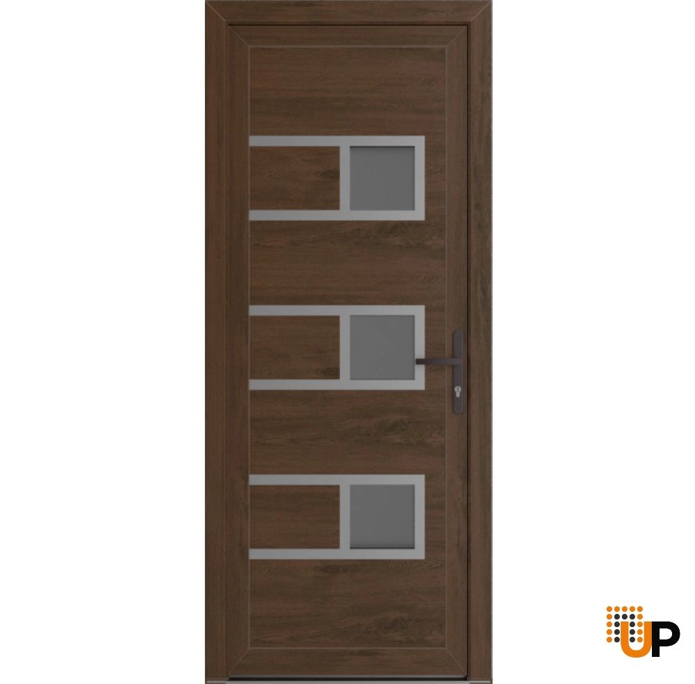 Single swing metal-plastic modern exterior door with tempered | Manux 8933 Walnut | 36 x 80 photo#1