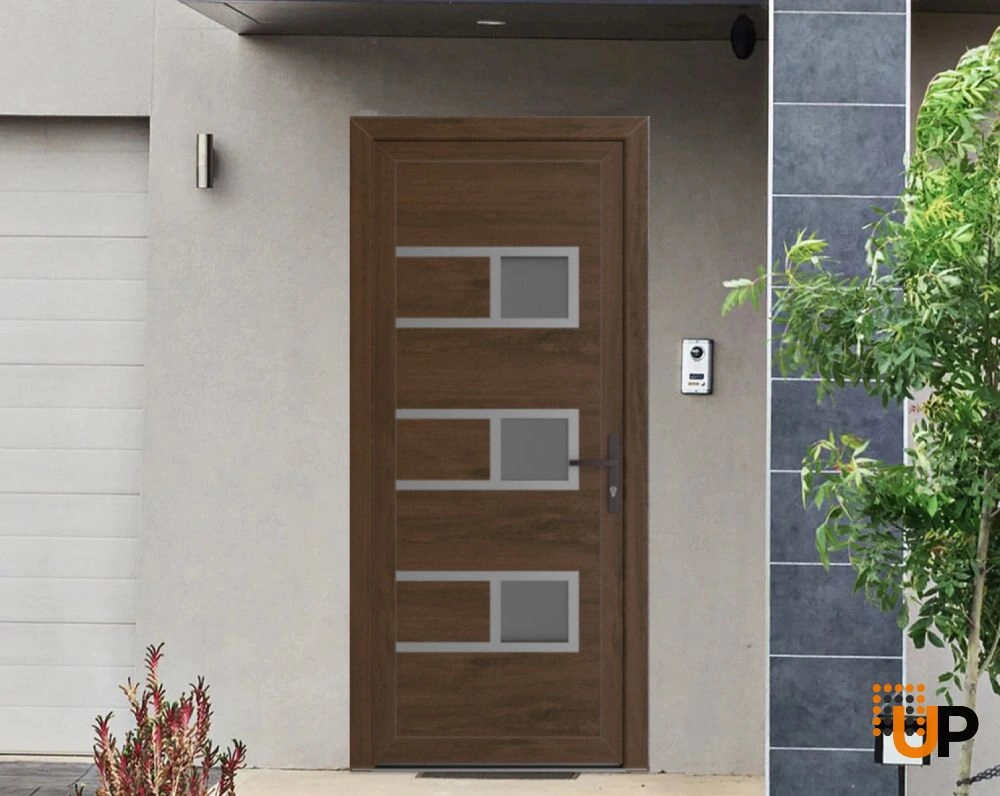 Single swing metal-plastic modern exterior door with tempered | Manux 8933 Walnut | 36 x 80 photo#3