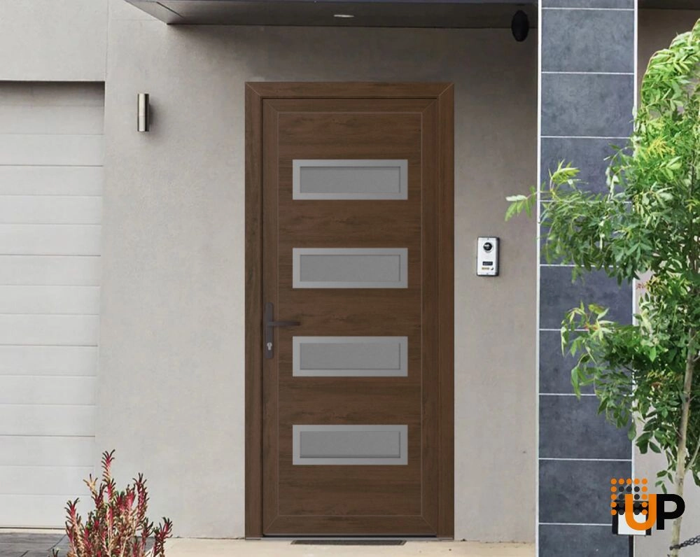 Single swing metal-plastic modern exterior door with tempered | Manux 8113 Walnut | 36 x 80 photo#3