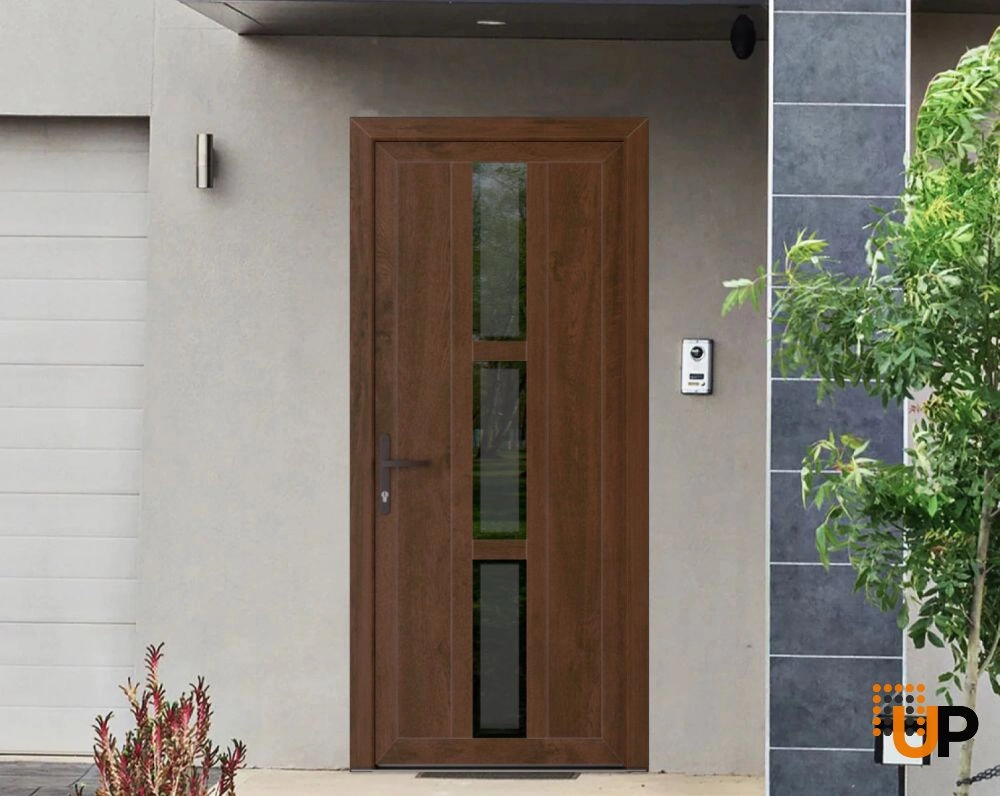 Single swing metal-plastic modern exterior door with tempered | Manux 8112 Walnut | 36 x 80 photo#3