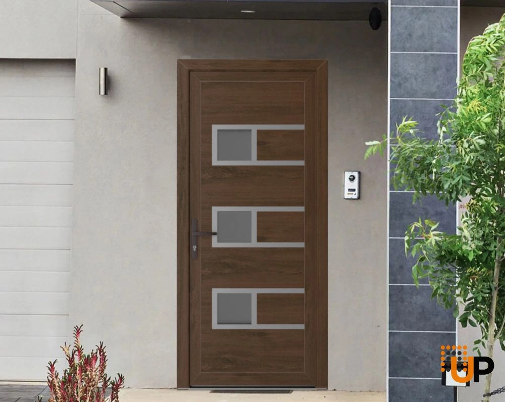 Single swing metal-plastic modern exterior door with tempered | Manux 8933 Walnut | 30 x 80 photo#2