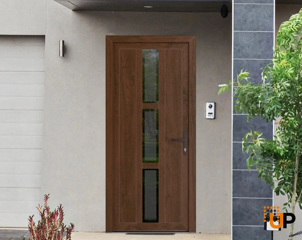 Single swing vinyl modern exterior door with clear glass | Manux 8112 Walnut | 32 x 80 (32 x 80) photo#2
