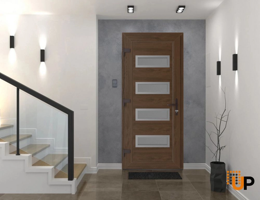 Single swing metal-plastic modern exterior door with tempered | Manux 8113 Walnut | 36 x 80 photo#2
