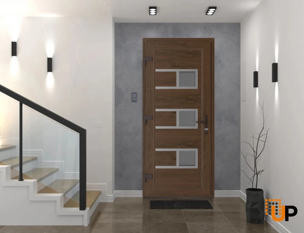 Single swing metal-plastic modern exterior door with tempered | Manux 8933 Walnut | 30 x 80 photo#3