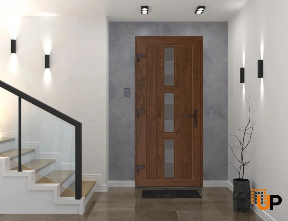Single swing vinyl modern exterior door with clear glass | Manux 8112 Walnut | 32 x 80 (32 x 80) photo#2