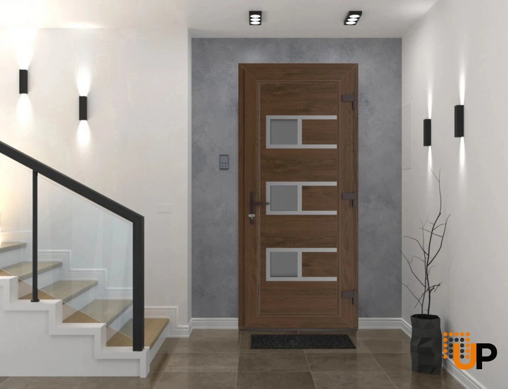Single swing vinyl modern exterior door with tempered glass | Manux 8933 Walnut | 32 x 80 photo#2