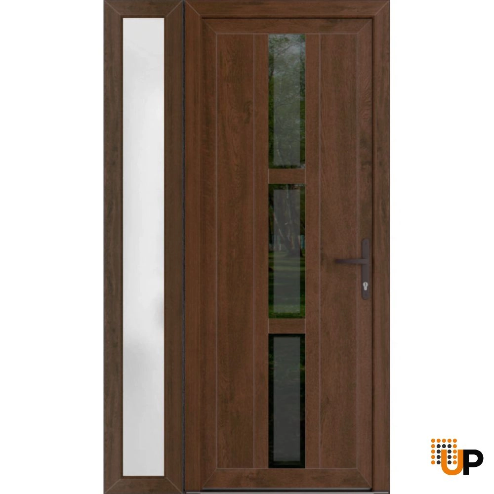 Single swing metal-plastic modern exterior door with tempered | Manux 8112 Walnut | 48 x 80 (36+12 x 80) photo#1