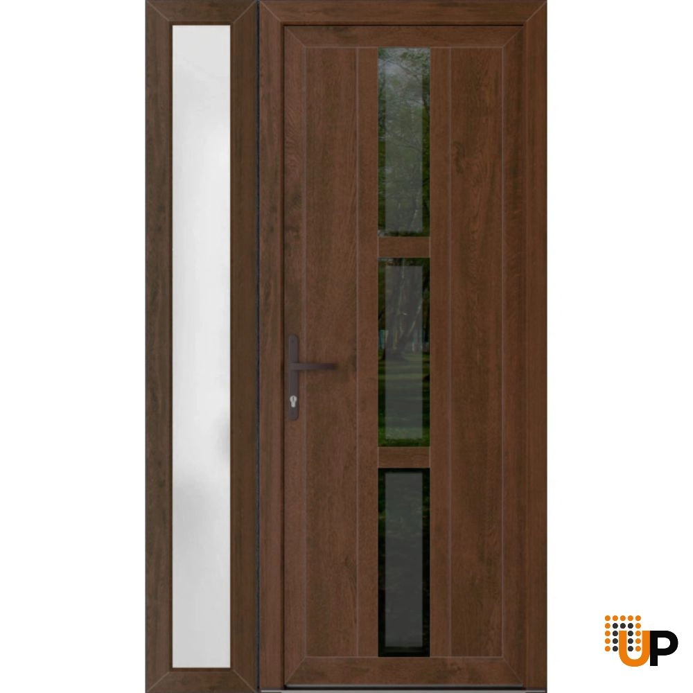 Single swing vinyl modern exterior door with tempered glass | Manux 8112 Walnut | 48 x 80 (36+12 x 80) photo#1