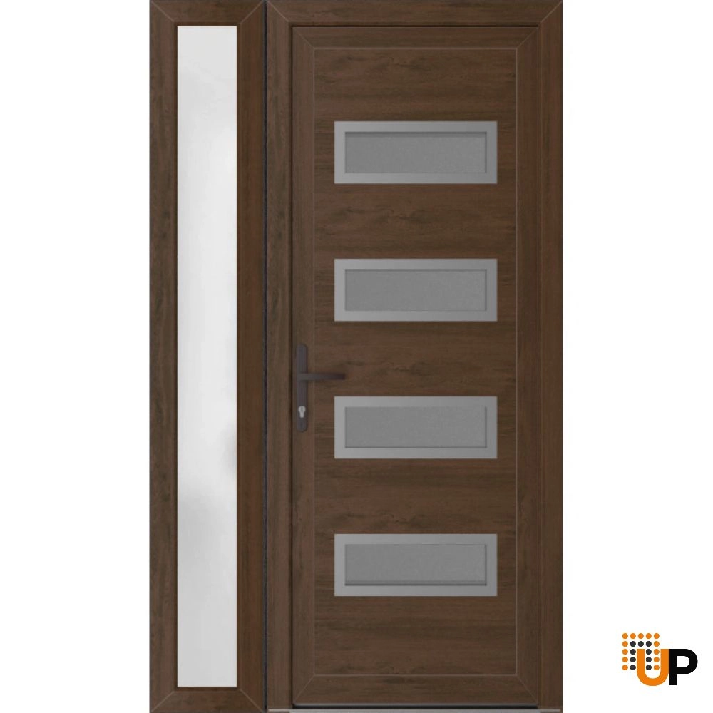 Single swing vinyl modern exterior door with tempered glass | Manux 8113 Walnut | 48 x 80 (32+16 x 80) photo#1