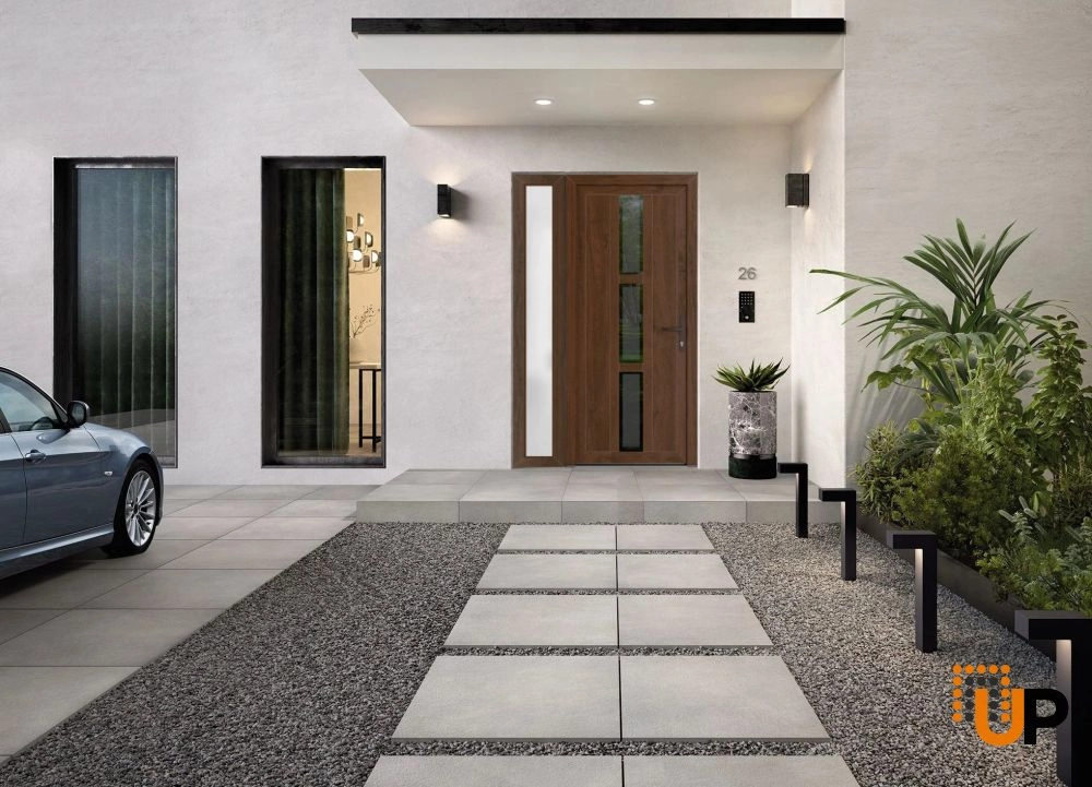 Single swing metal-plastic modern exterior door with tempered | Manux 8112 Walnut | 48 x 80 (36+12 x 80) photo#2