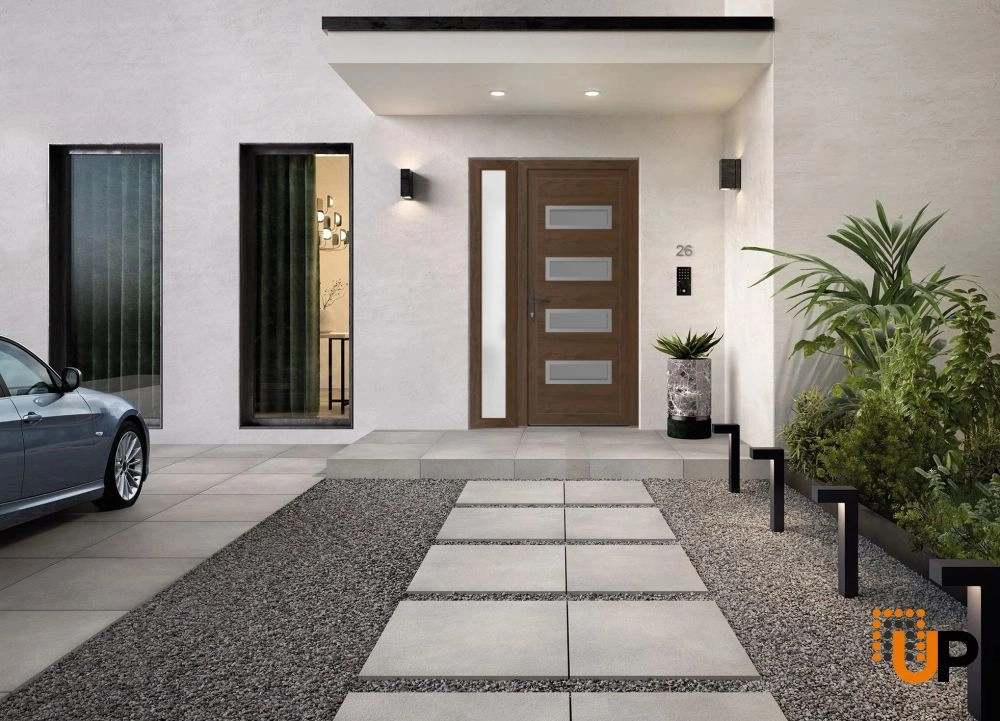 Single swing vinyl modern exterior door with tempered glass | Manux 8113 Walnut | 48 x 80 (32+16 x 80) photo#2