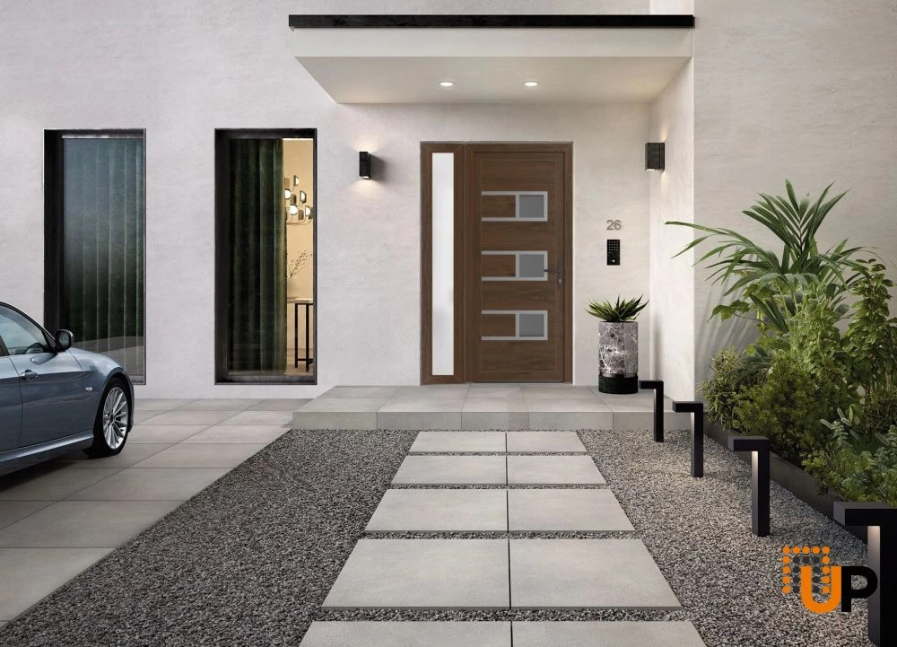 Single swing vinyl modern exterior door with tempered glass | Manux 8933 Walnut | 48 x 80 photo#2