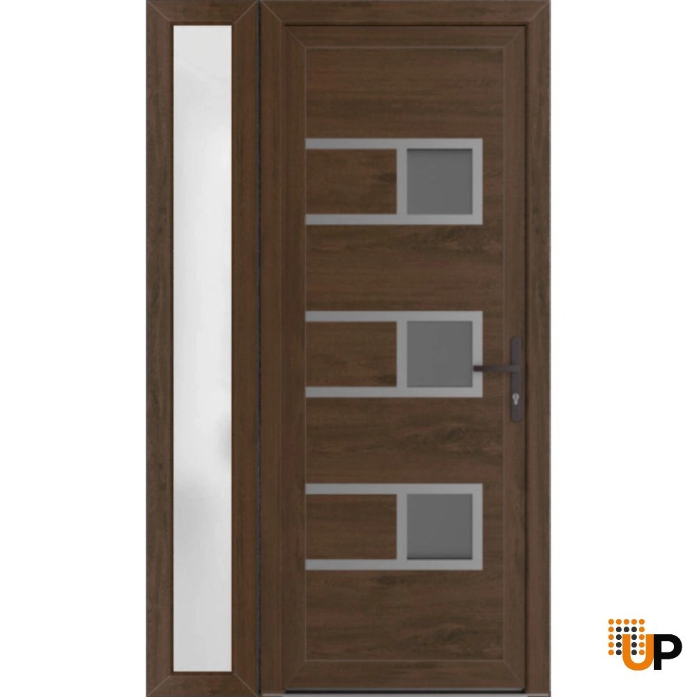 Single swing vinyl modern exterior door with tempered glass | Manux 8933 Walnut | 48 x 80 photo#1