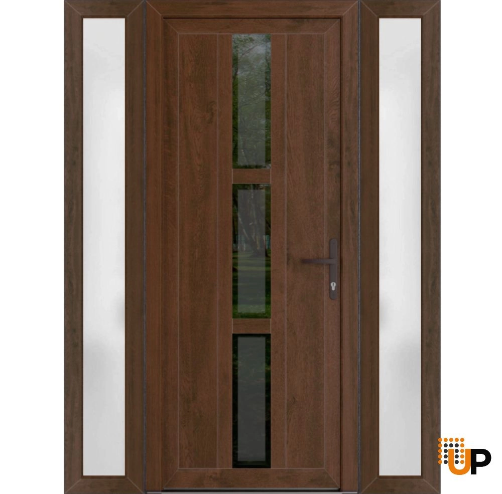 Single swing vinyl modern exterior door with clear glass | Manux 8112 Walnut | 60 x 80 (14+32+14 x 80) photo#1