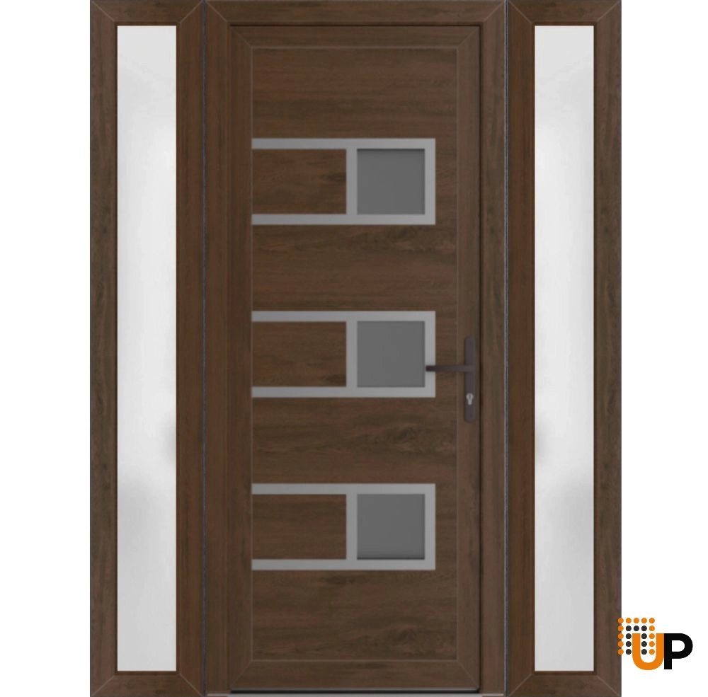 Single swing metal-plastic modern exterior door with tempered | Manux 8933 Walnut | 54 x 80 photo#1