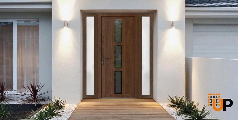 Single swing vinyl modern exterior door with tempered glass | Manux 8112 Walnut | 60 x 80 (12+36+12 x 80) photo#3