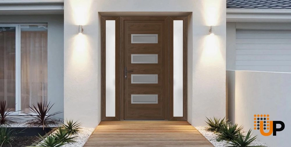 Single swing vinyl modern exterior door with tempered glass | Manux 8113 Walnut | 60 x 80 photo#3