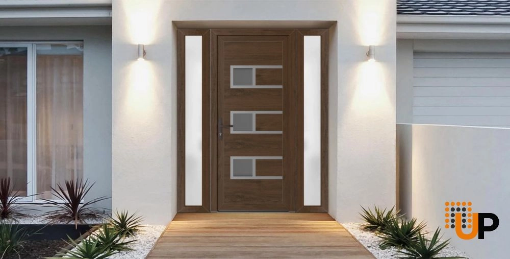 Single swing vinyl modern exterior door with tempered glass | Manux 8933 Walnut | 60 x 80 photo#3