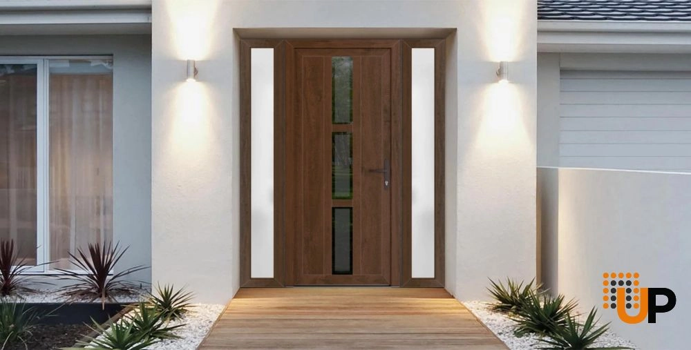 Single swing vinyl modern exterior door with clear glass | Manux 8112 Walnut | 60 x 80 (14+32+14 x 80) photo#3