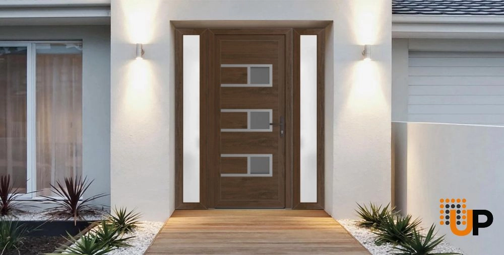 Single swing metal-plastic modern exterior door with tempered | Manux 8933 Walnut | 60 x 80 photo#3