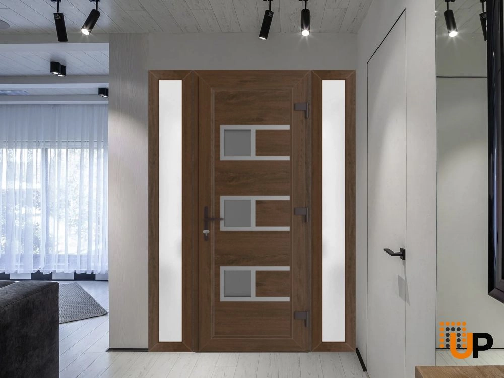 Single swing metal-plastic modern exterior door with tempered | Manux 8933 Walnut | 60 x 80 photo#2