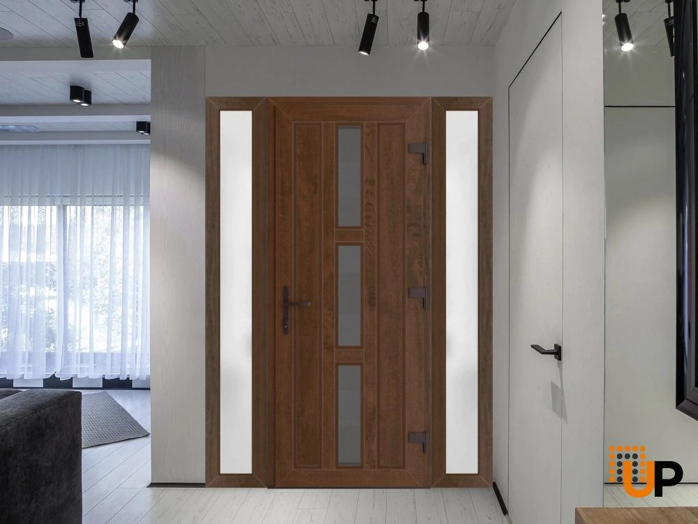 Single swing vinyl modern exterior door with clear glass | Manux 8112 Walnut | 60 x 80 (14+32+14 x 80) photo#2