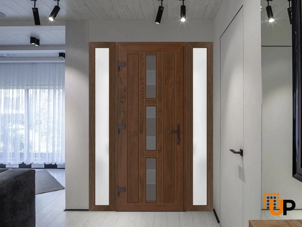 Single swing vinyl modern exterior door with tempered glass | Manux 8112 Walnut | 60 x 80 (12+36+12 x 80) photo#2
