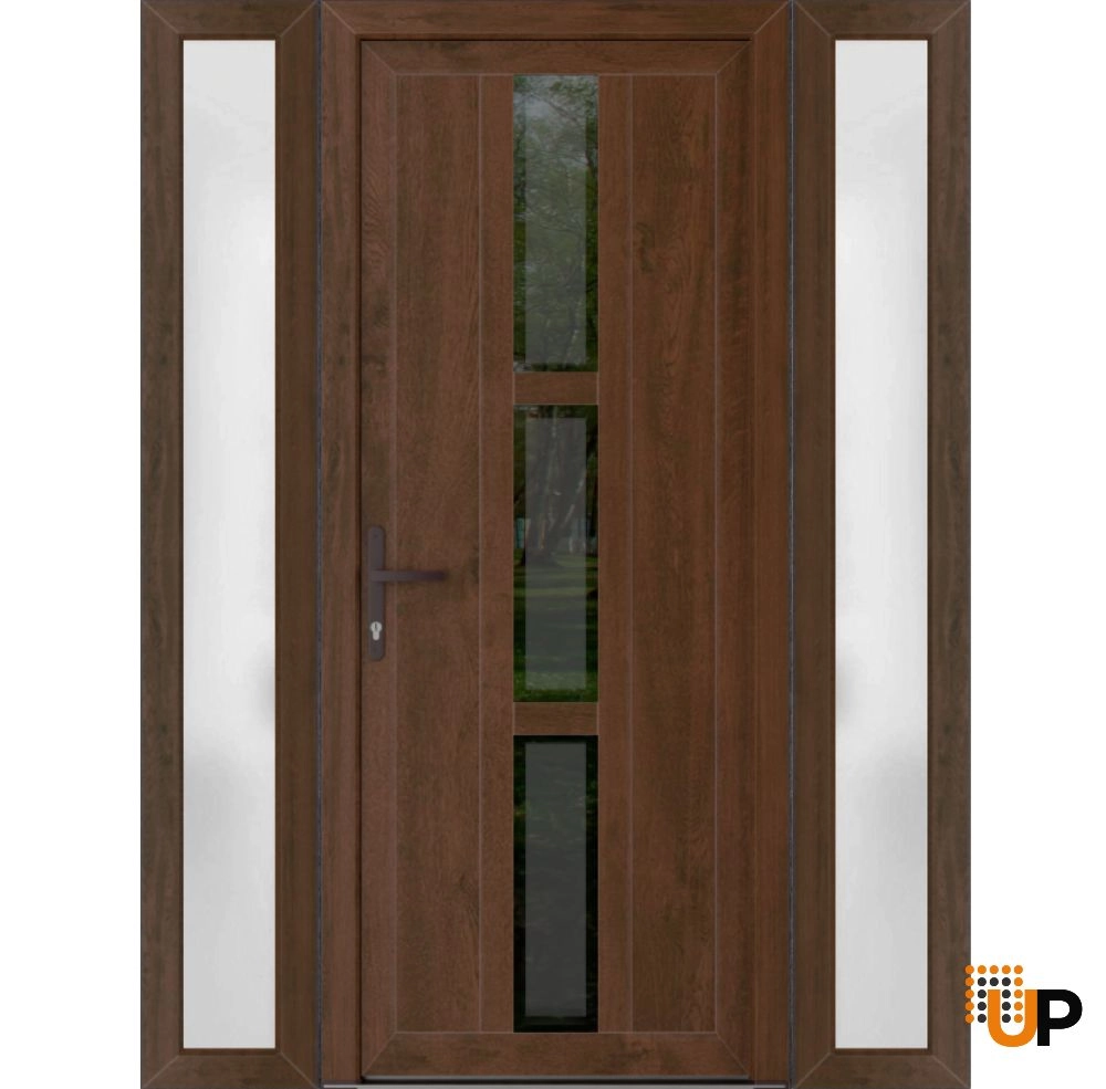 Single swing vinyl modern exterior door with tempered glass | Manux 8112 Walnut | 60 x 80 (12+36+12 x 80) photo#1