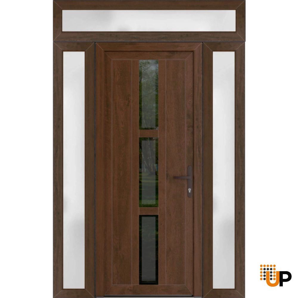 Single swing vinyl modern exterior door with tempered glass | Manux 8112 Walnut | 68 x 94 (16+36+16 x 80+14) photo#1