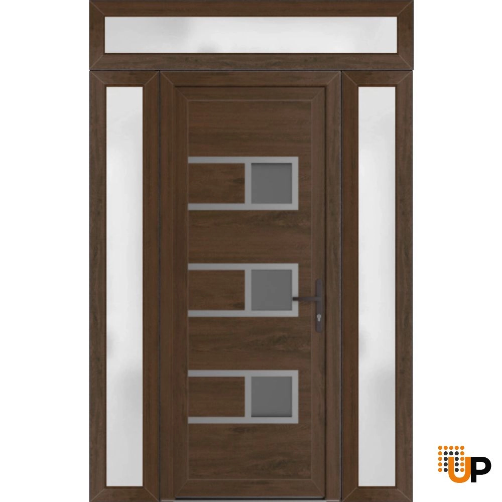 Single swing vinyl modern exterior door with tempered glass | Manux 8933 Walnut | 54 x 94 photo#1