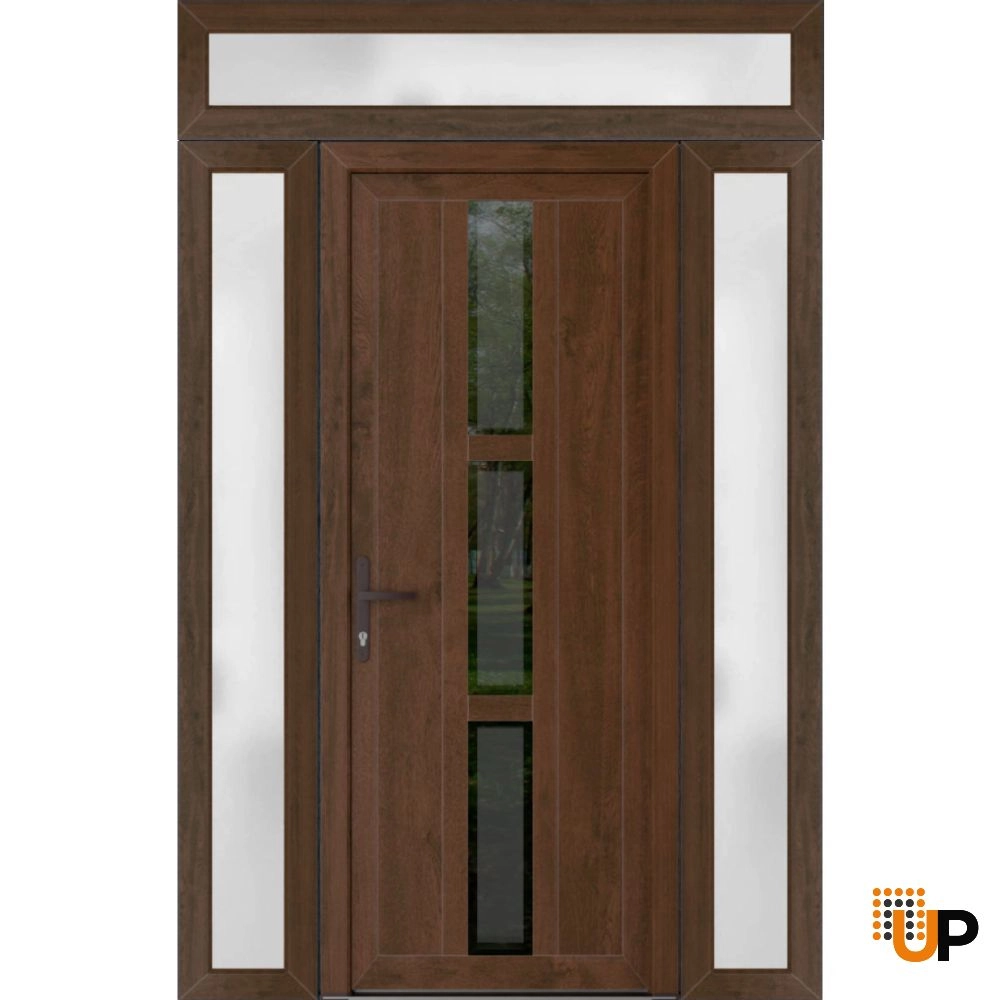 Single swing vinyl modern exterior door with tempered glass | Manux 8112 Walnut | 64 x 94 (14+36+14 x 80+14) photo#1