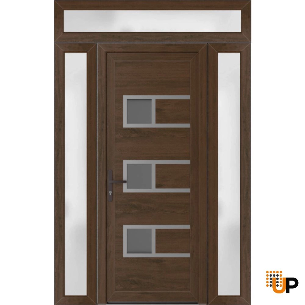 Single swing vinyl modern exterior door with tempered glass | Manux 8933 Walnut | 58 x 94 photo#1
