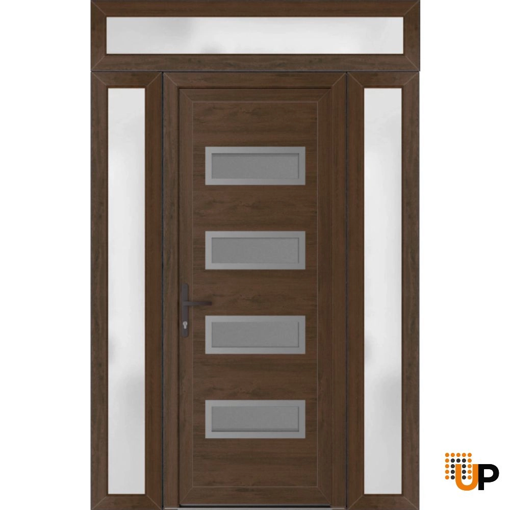 Single swing vinyl modern exterior door with tempered glass | Manux 8113 Walnut | 56 x 94 (12+32+12 x 80+14) photo#1
