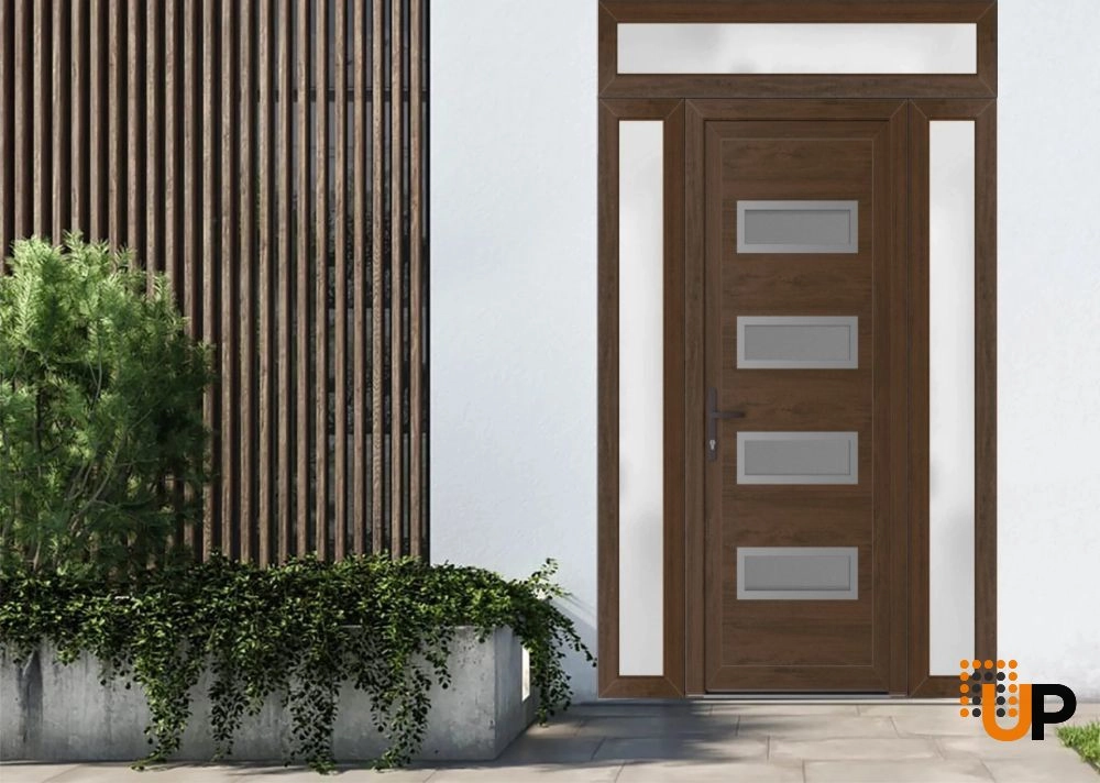 Single swing vinyl modern exterior door with tempered glass | Manux 8113 Walnut | 56 x 94 (12+32+12 x 80+14) photo#2