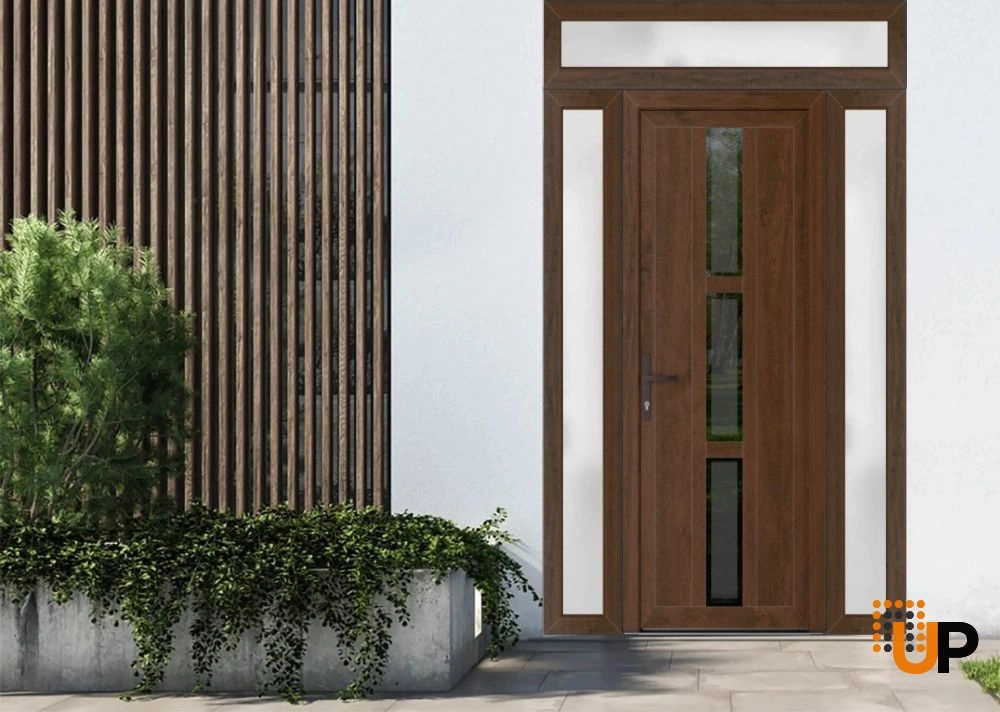 Single swing vinyl modern exterior door with tempered glass | Manux 8112 Walnut | 64 x 94 (14+36+14 x 80+14) photo#2